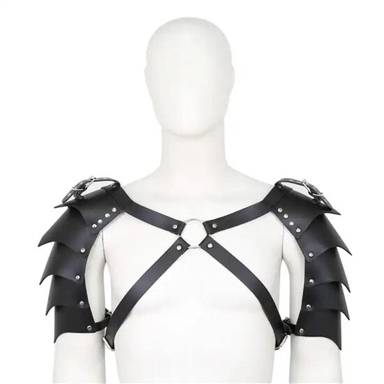Zwarte Faux Leather Gladiator Schouder Armor – Verstelbare Warrior Harness