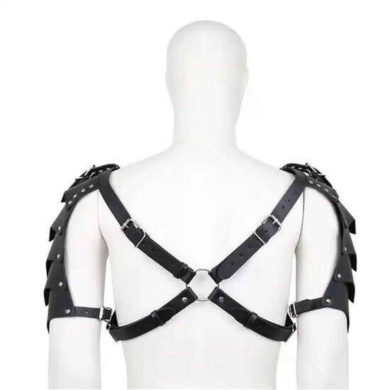 Zwarte Faux Leather Gladiator Schouder Armor – Verstelbare Warrior Harness