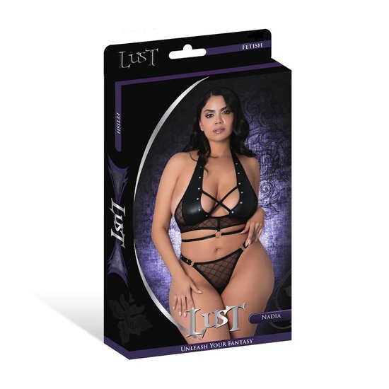 Nadia - Diamond Mesh Haltertop en String met Ring Sluitingen en Studs - 2X - Zwart
