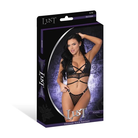 Nadia - Diamond Mesh Haltertop en String met Ring Sluitingen en Studs - S/M- Zwart
