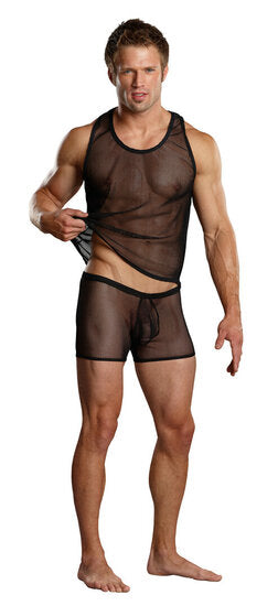 Stretch Net Tank Top S/M Zwart – Sexy Visnet Heren Shirt | Male Power