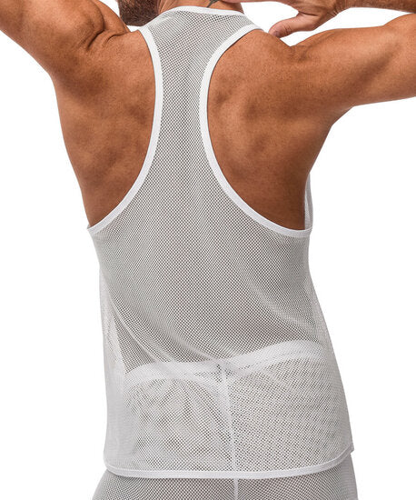 Stretch Net Tank Top L/XL Wit – Sexy Visnet Heren Shirt | Male Power