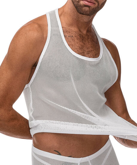 Stretch Net Tank Top L/XL Wit – Sexy Visnet Heren Shirt | Male Power