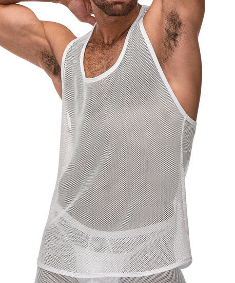 Stretch Net Tank Top L/XL Wit – Sexy Visnet Heren Shirt | Male Power