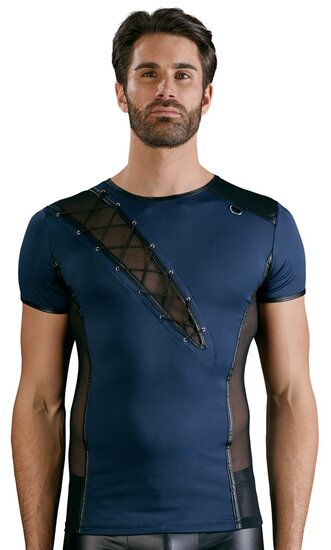 Stoer heren shirt met vetersluiting – blauw/zwart design met ultiem draagcomfort NEK