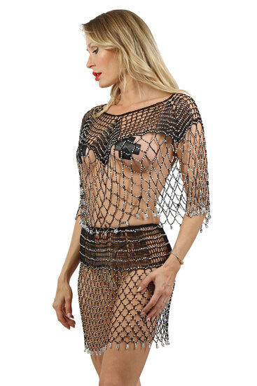 Mesh Top & Rok Set met Strass – Zwart