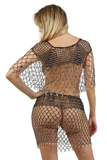 Mesh Top & Rok Set met Strass – Zwart